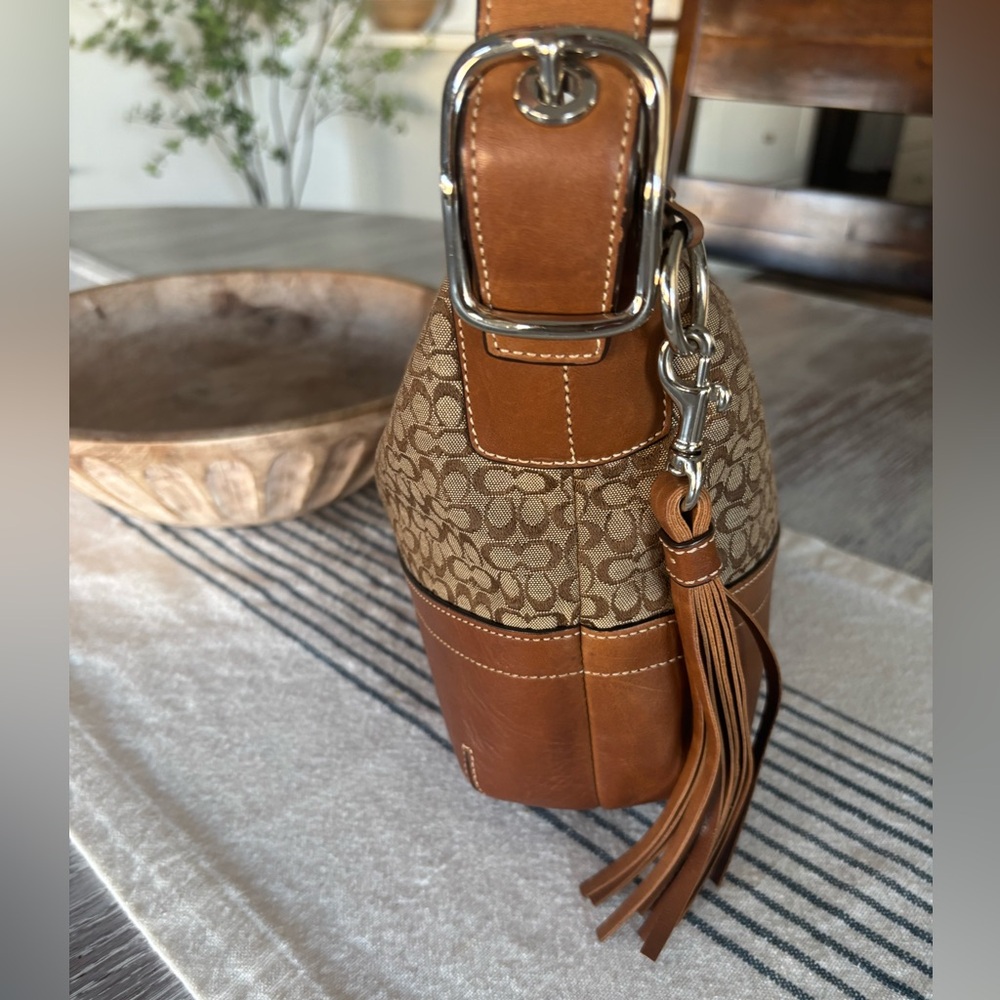 🍃🦋 Vintage Coach Signature Canvas Leather Shoulder Hobo Mini Duffle Bag - Picture 7 of 15